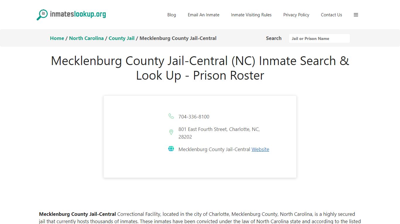 Mecklenburg County Jail-Central (NC) Inmate Search & Look Up - Prison ...